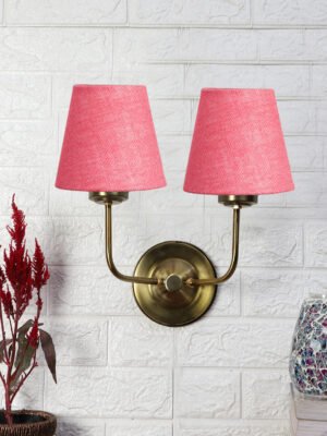 Ambika Home Dual Pink Jute Conical Shade Wall Mounted Lamp with Gold Metal Base for Bedroom Décor | Luxury Decorative Wall Light for Living Room, Bedroom, Hallway & Home Décor