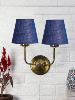 Ambika Home Dual Blue Jute Conical Shade Wall Mounted Lamp with Gold Metal Base for Bedroom & Study | Luxury Decorative Wall Light for Living Room, Bedroom, Hallway & Home Décor