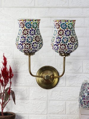 Ambika Home Dual Mosaic Glass Wall Light – Luxury Handcrafted Home Lighting, Gold Base | Luxury Decorative Wall Light for Living Room, Bedroom, Hallway & Home Décor