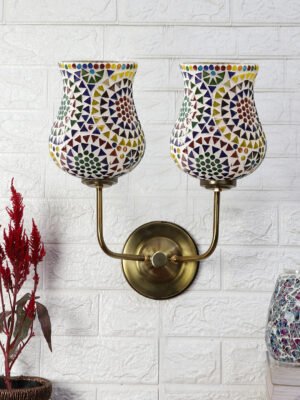 Ambika Home Dual Wall Lamp – Colorful Mosaic Glass with Ambient Lighting and Gold Finish | Luxury Decorative Wall Light for Living Room, Bedroom, Hallway & Home Décor