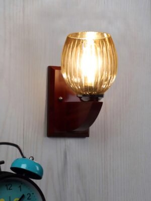 Ambika Home Wooden Wall Lamp with Diamond Cut Smoke Glass | Modern Wall Light for Living Room Bedroom Hallway Lobby Staircase | Decorative Indoor Wall Sconce