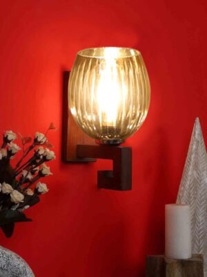 Ambika Home Wooden Wall Lamp with Diamond Cut Smoke Glass | Modern Wall Light for Living Room Bedroom Hallway Lobby Staircase | Decorative Indoor Wall Sconce