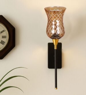 Ambika Home Metal Black Lamp With Amber Smoke Glass | Modern Wall Light for Living Room Bedroom Hallway Lobby Staircase | Decorative Indoor Wall Sconce