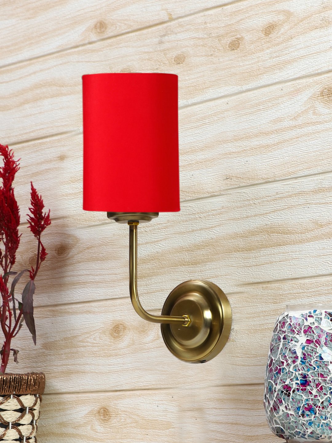 Ambika Home Elegant Red Cotton Wall Mounted Lamp with Gold Base for Living Room Décor | Luxury Decorative Wall Light for Living Room, Bedroom, Hallway & Home Décor