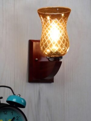 Ambika Home Wooden Wall Lamp with Amber Smoke Glass | Modern Wall Light for Living Room Bedroom Hallway Lobby Staircase | Decorative Indoor Wall Sconce