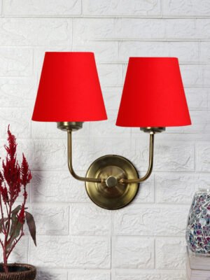 Ambika Home Dual Red Cotton Conical Shade Wall Mounted Lamp with Gold Metal Base for Living Room Décor | Luxury Decorative Wall Light for Living Room, Bedroom, Hallway & Home Décor