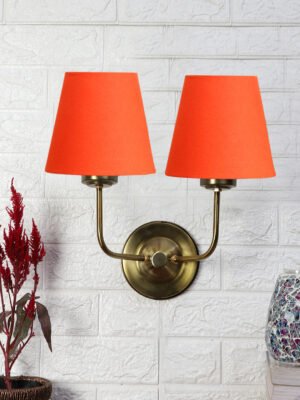 Ambika Home Dual Orange Cotton Conical Shade Wall Mounted Lamp with Gold Metal Base for Hall & Corridor | Luxury Decorative Wall Light for Living Room, Bedroom, Hallway & Home Décor