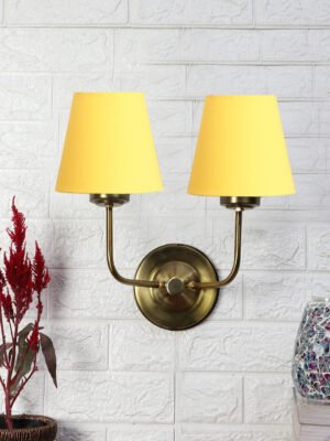 Ambika Home Dual Yellow Cotton Conical Shade Wall Mounted Lamp with Gold Metal Base for Living Room & Study | Luxury Decorative Wall Light for Living Room, Bedroom, Hallway & Home Décor