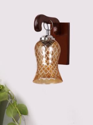 Ambika Home Wooden Wall Lamp with Amber Smoke Glass | Modern Wall Light for Living Room Bedroom Hallway Lobby Staircase | Decorative Indoor Wall Sconce