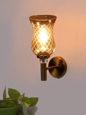 Ambika Home Gold wall mounted Lamp with Amber Smoke Glass | Modern Wall Light for Living Room Bedroom Hallway Lobby Staircase | Decorative Indoor Wall Sconce