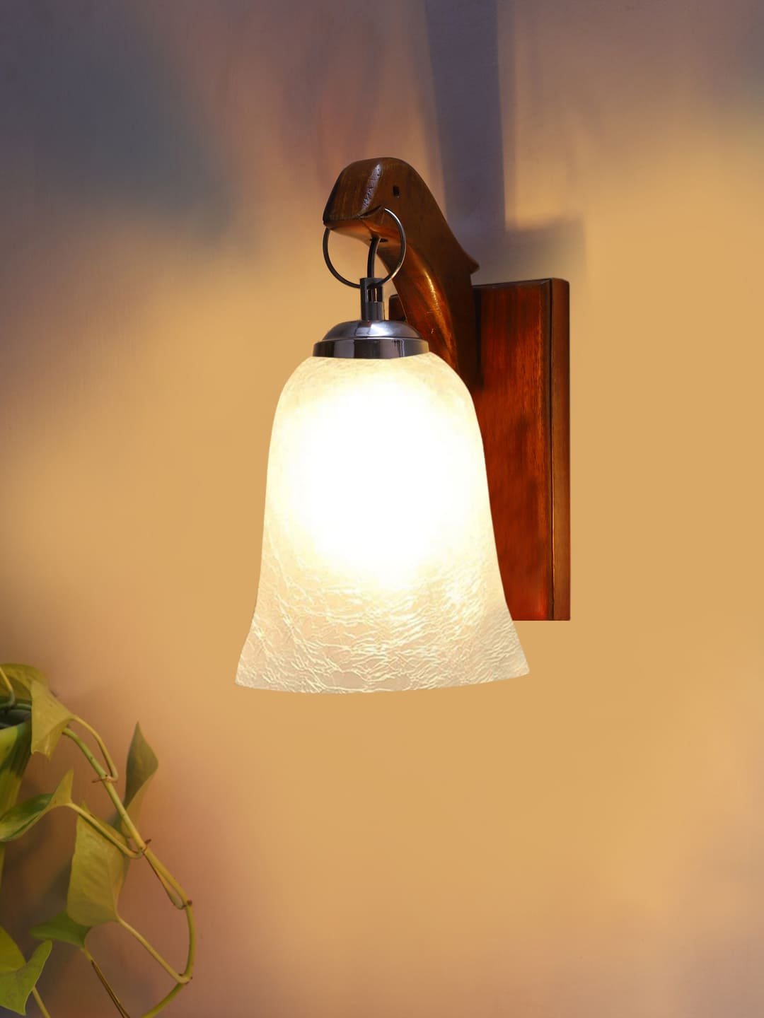 Ambika Home Wooden Wall Lamp with White Milky Crinkle Glass | Modern Wall Light for Living Room Bedroom Hallway Lobby Staircase | Decorative Indoor Wall Sconce - Image 6