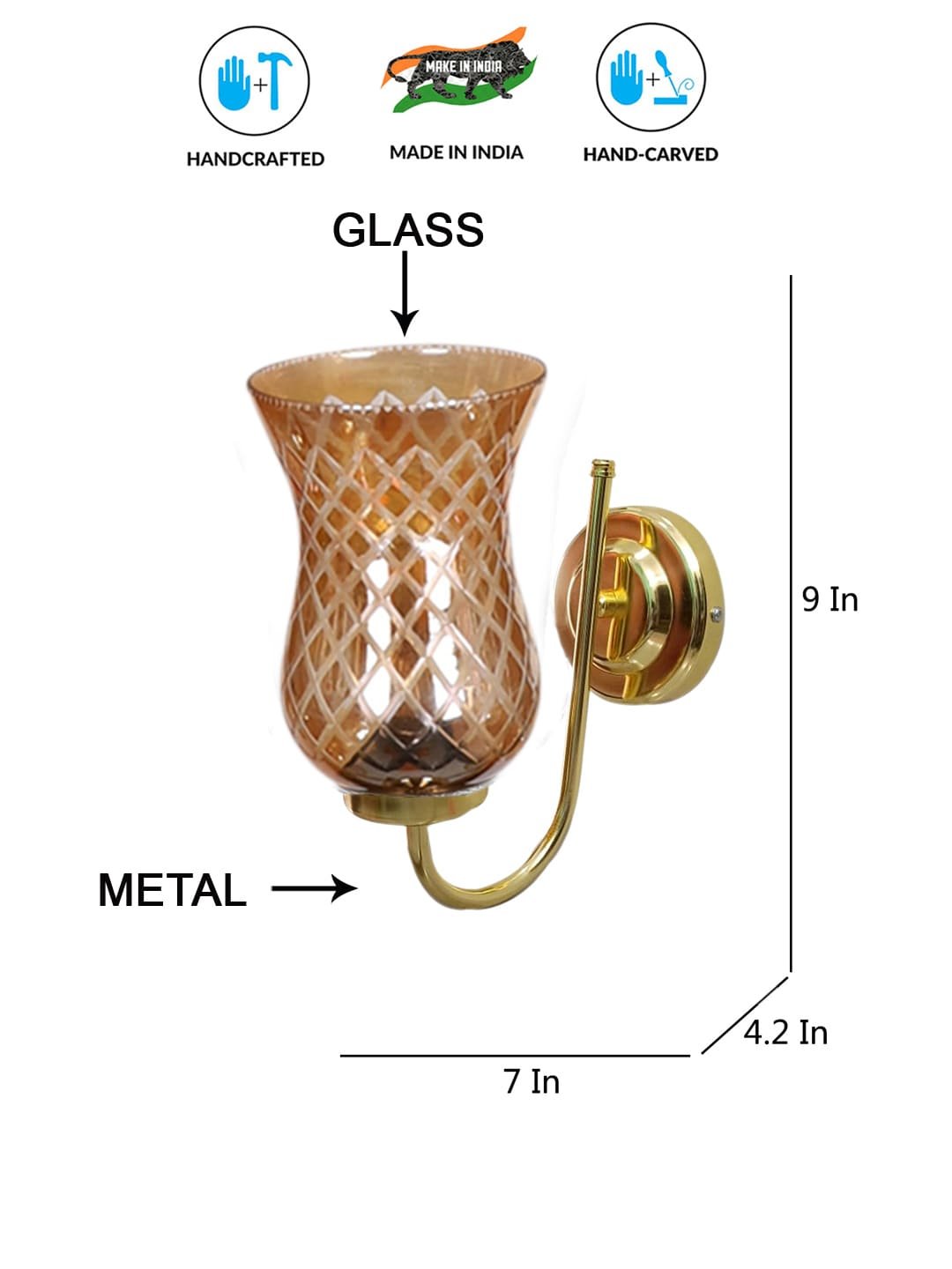 Ambika Home Gold wall lamp with Amber Smoke Glass | Modern Wall Light for Living Room Bedroom Hallway Lobby Staircase | Decorative Indoor Wall Sconce - Image 5