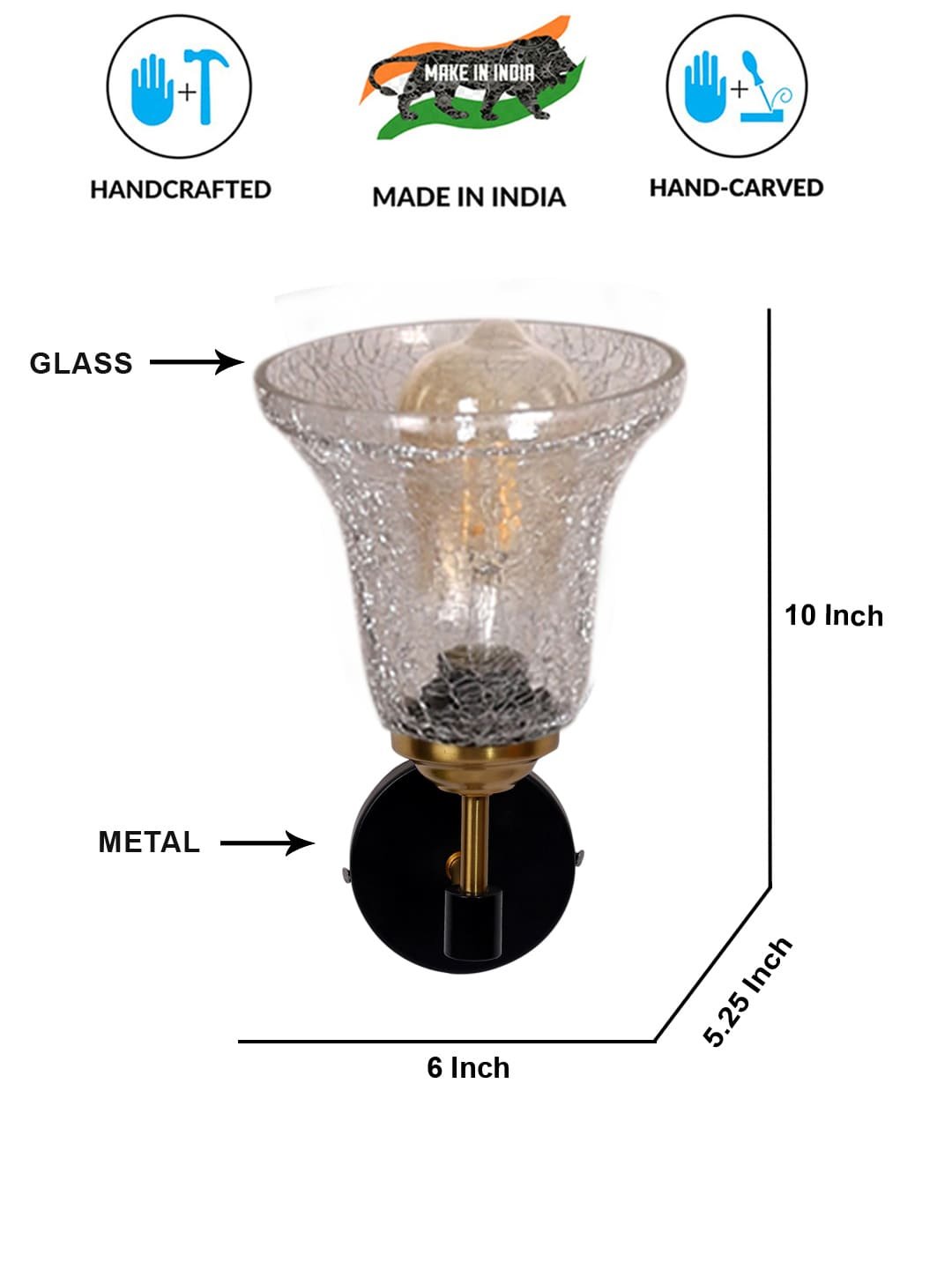 Ambika Home Metal wall mounted lamp with Transparent Crinkle Glass | Modern Wall Light for Living Room Bedroom Hallway Lobby Staircase | Decorative Indoor Wall Sconce - Image 4