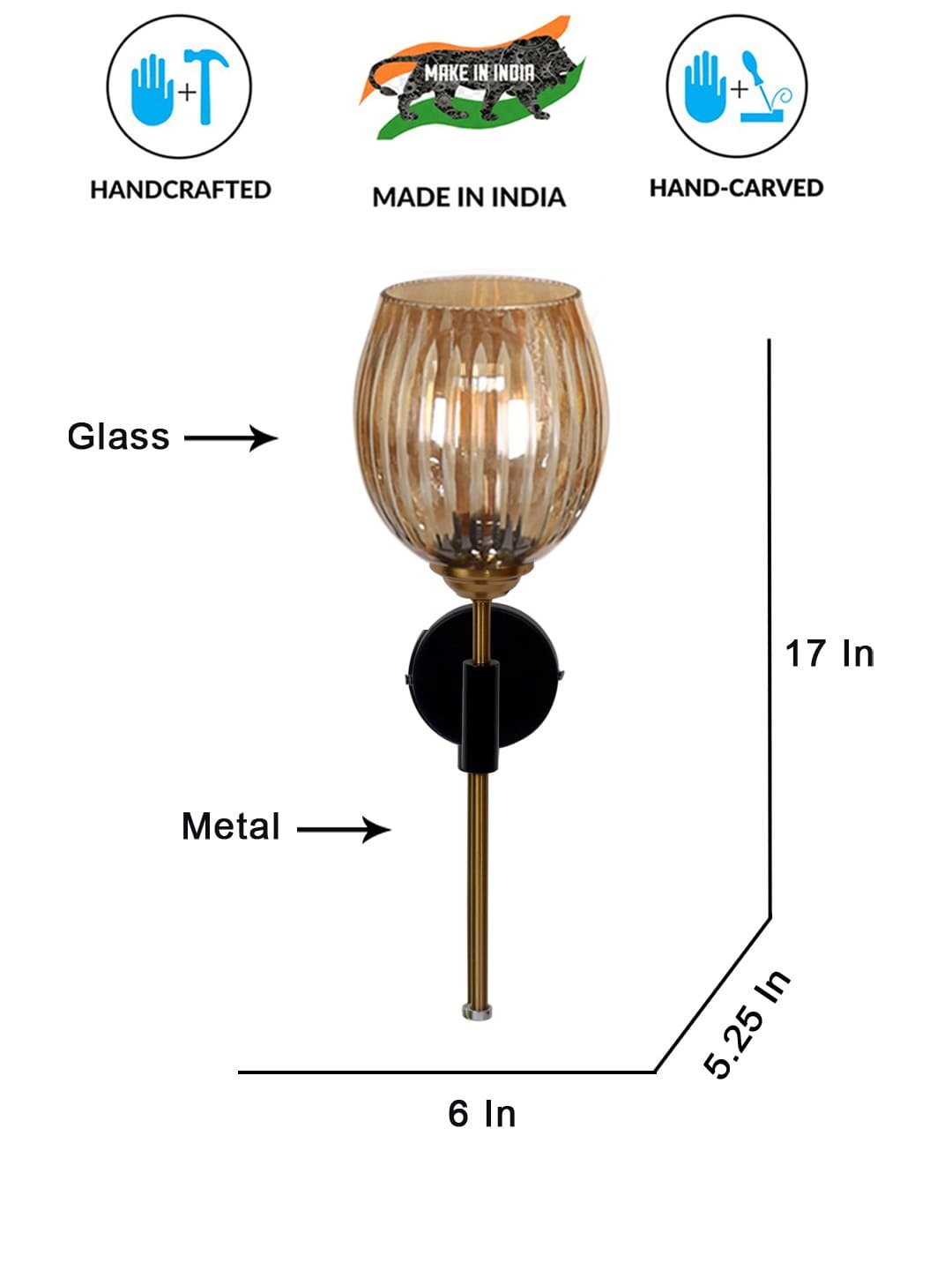 Ambika Home Metal wall mounted lamp with Diamond Cut Smoke Glass | Modern Wall Light for Living Room Bedroom Hallway Lobby Staircase | Decorative Indoor Wall Sconce - Image 4