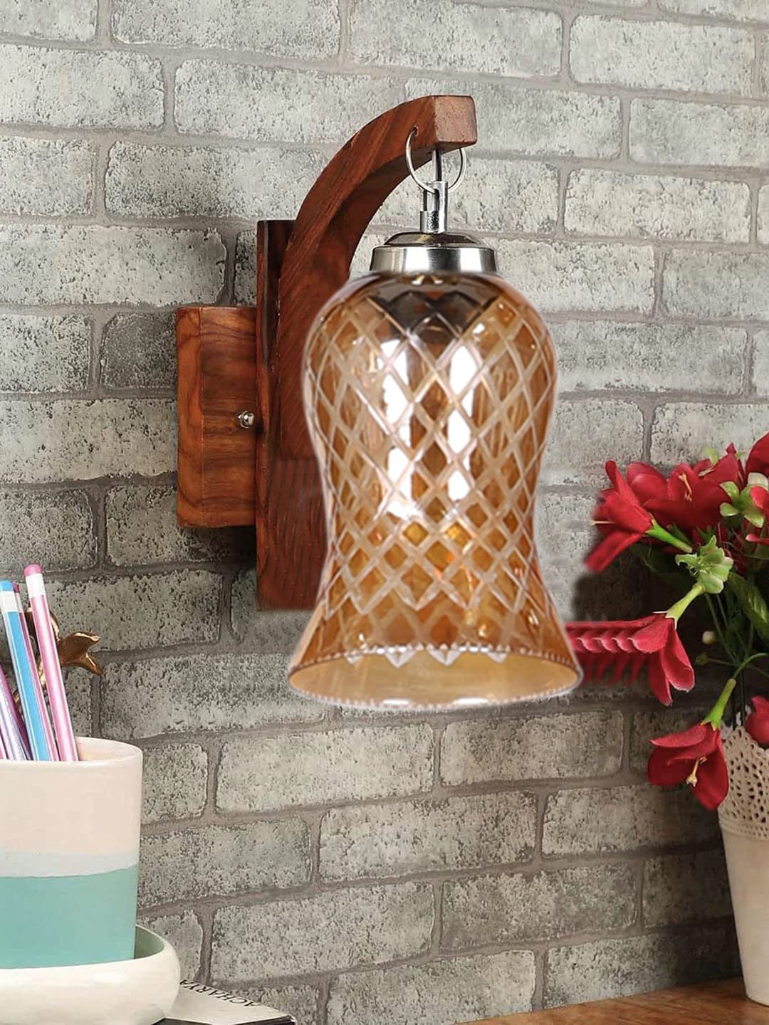 Ambika Home Wooden Wall Lamp with Amber Smoke Glass | Modern Wall Light for Living Room Bedroom Hallway Lobby Staircase | Decorative Indoor Wall Sconce