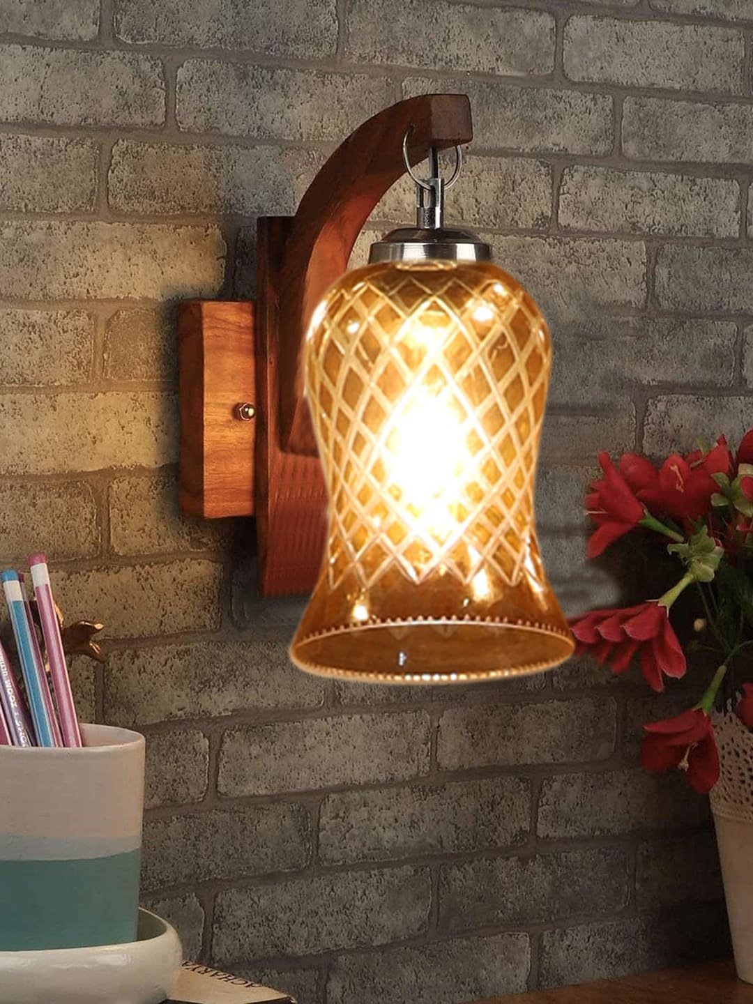 Ambika Home Wooden Wall Lamp with Amber Smoke Glass | Modern Wall Light for Living Room Bedroom Hallway Lobby Staircase | Decorative Indoor Wall Sconce - Image 6