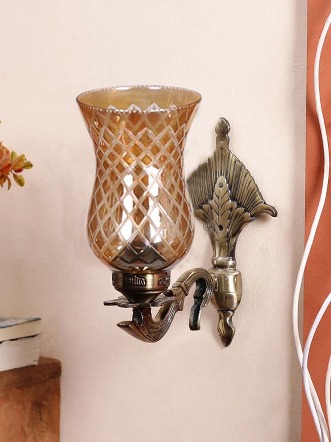 Ambika Home Antique wall lamp with Amber Smoke Glass | Modern Wall Light for Living Room Bedroom Hallway Lobby Staircase | Decorative Indoor Wall Sconce - Image 5