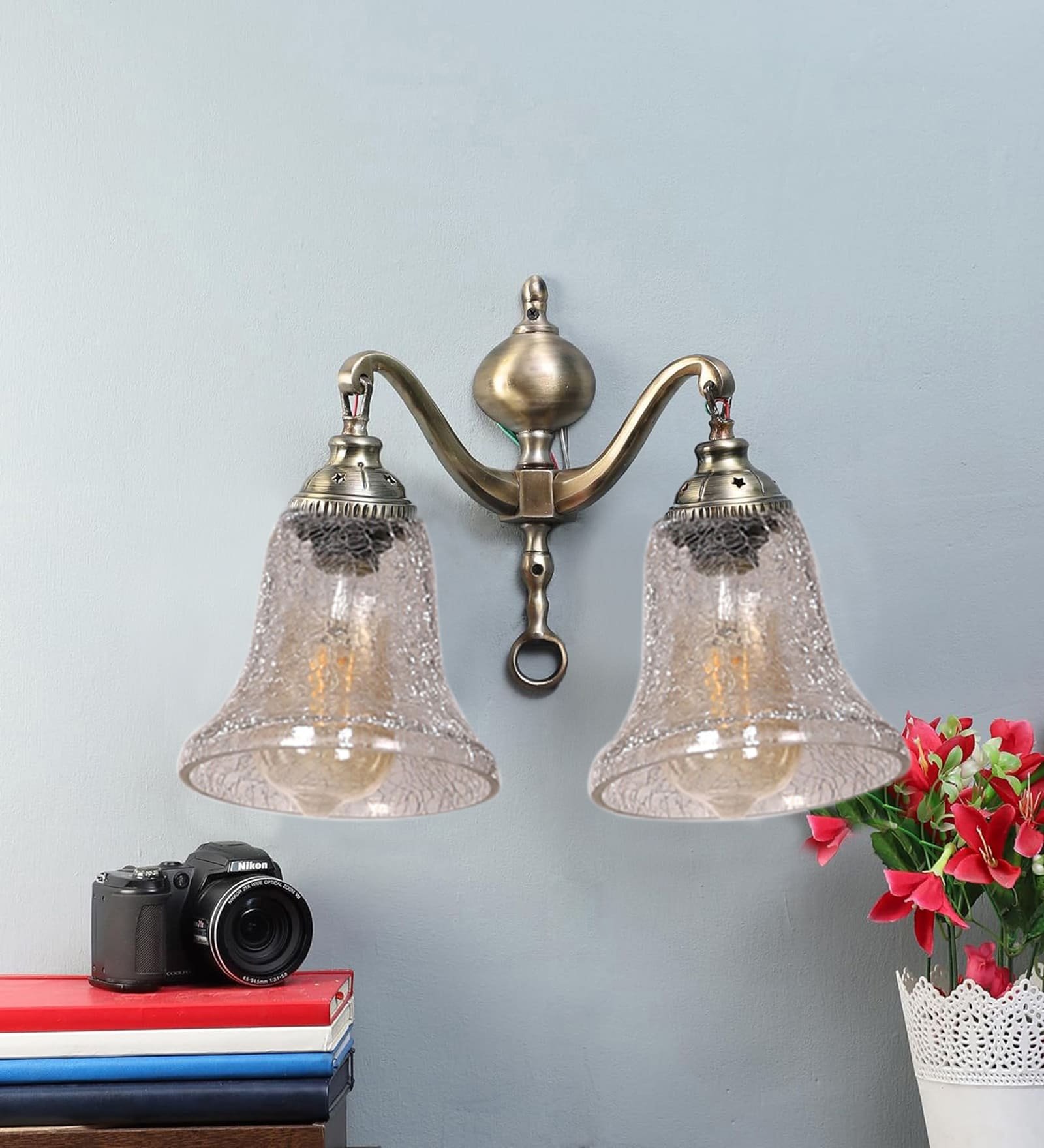 Ambika Home Dual Wall mounted Antique Gold lamp with Transparent Crinkle Glass | Modern Wall Light for Living Room Bedroom Hallway Lobby Staircase | Decorative Indoor Wall Sconce - Image 4