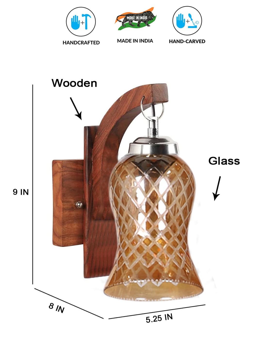 Ambika Home Wooden Wall Lamp with Amber Smoke Glass | Modern Wall Light for Living Room Bedroom Hallway Lobby Staircase | Decorative Indoor Wall Sconce - Image 5