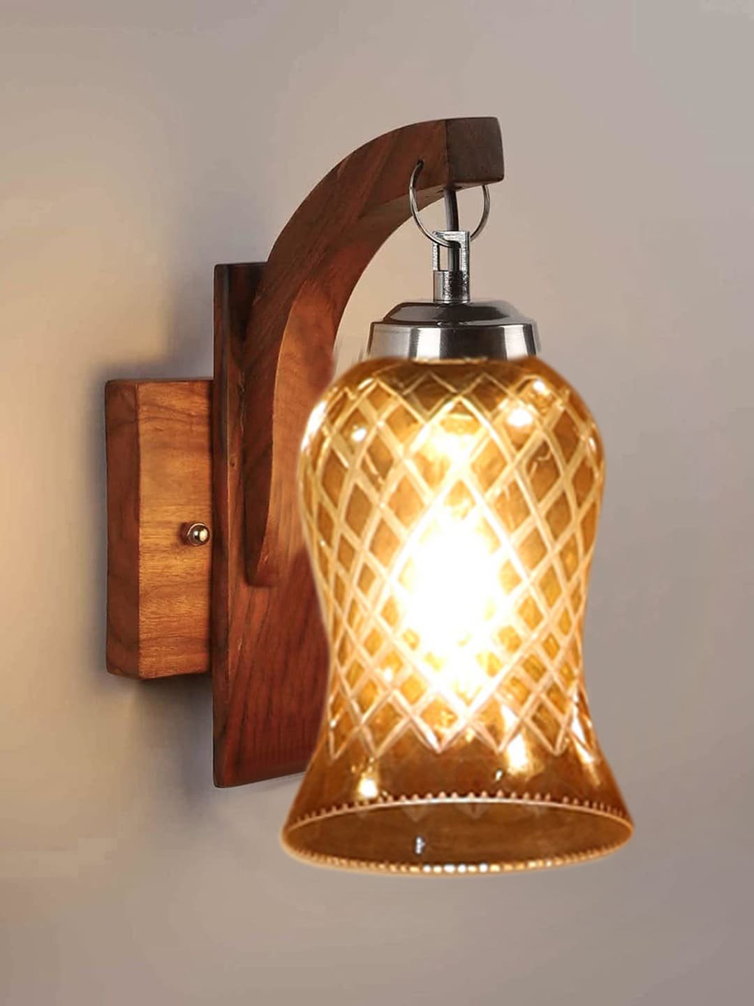 Ambika Home Wooden Wall Lamp with Amber Smoke Glass | Modern Wall Light for Living Room Bedroom Hallway Lobby Staircase | Decorative Indoor Wall Sconce - Image 3