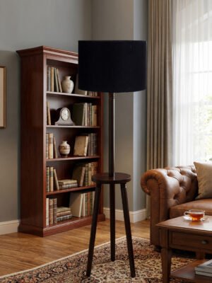 Premium Black Cotton Shade Floor Lamp with Wooden Shelf Stand for Living Room, Bedroom & Reading Corner | Modern Decorative Standing Lamp | Solid Wood Base | Elegant Home Lighting