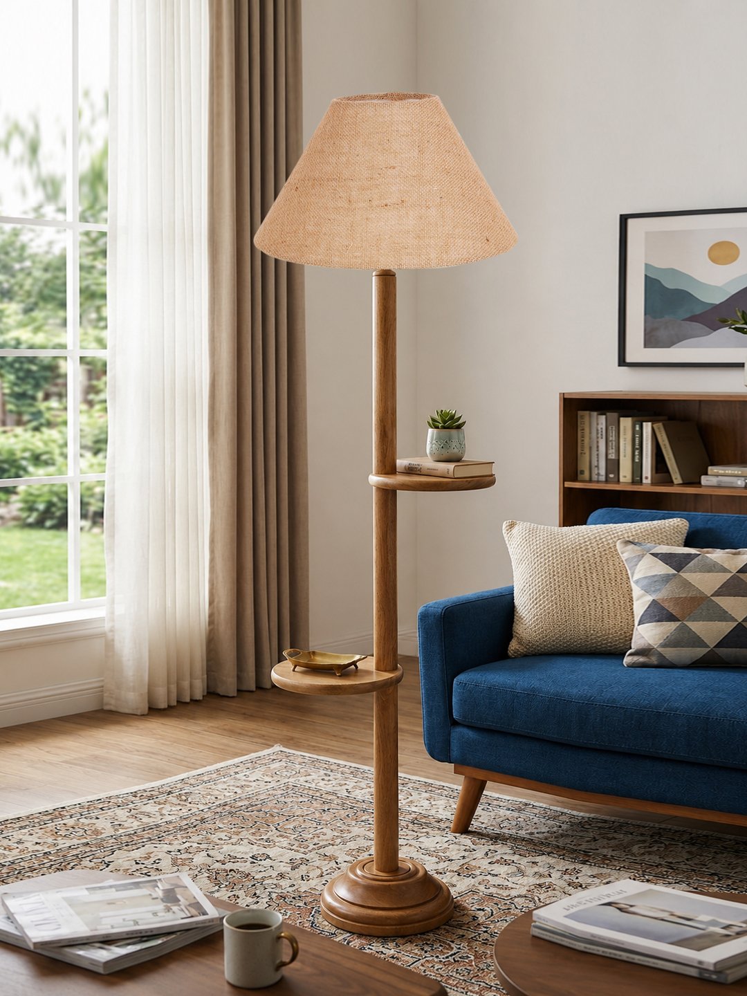 Ambika Home Beige Jute Conical shade with Double Shelf floor Lamp Modern Floor Lamp | Beige Jute Shade, Wood Base | Luxury Living Room, Bedroom & Home Decor Lighting