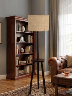Premium Beige Jute Shade Floor Lamp with Wooden Shelf Stand for Living Room, Bedroom & Reading Corner | Modern Decorative Standing Lamp | Solid Wood Base | Elegant Home Lighting