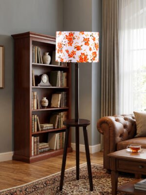 Premium Multi Cotton Shade Floor Lamp with Wooden Shelf Stand for Living Room, Bedroom & Reading Corner | Modern Decorative Standing Lamp | Solid Wood Base | Elegant Home Lighting