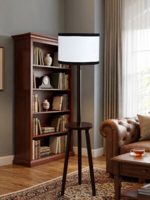 Premium Black Cotton Shade Floor Lamp with Wooden Shelf Stand for Living Room, Bedroom & Reading Corner | Modern Decorative Standing Lamp | Solid Wood Base | Elegant Home Lighting