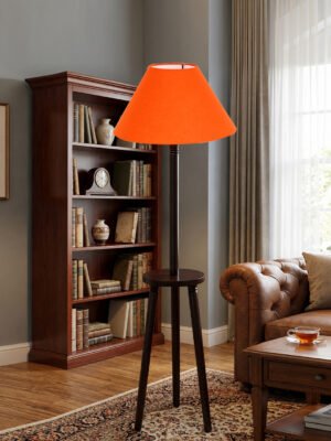 Premium Orange Cotton Shade Floor Lamp with Wooden Shelf Stand for Living Room, Bedroom & Reading Corner | Modern Decorative Standing Lamp | Solid Wood Base | Elegant Home Lighting