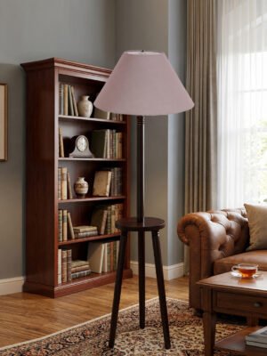 Premium Grey Cotton Shade Floor Lamp with Wooden Shelf Stand for Living Room, Bedroom & Reading Corner | Modern Decorative Standing Lamp | Solid Wood Base | Elegant Home Lighting