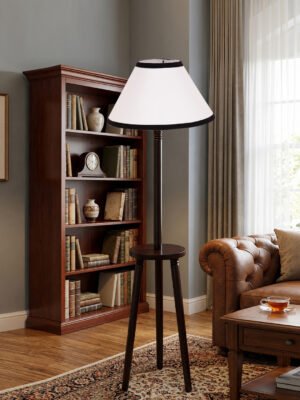 Premium White Cotton Shade Floor Lamp with Wooden Shelf Stand for Living Room, Bedroom & Reading Corner | Modern Decorative Standing Lamp | Solid Wood Base | Elegant Home Lighting
