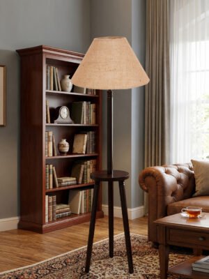 Premium Beige Jute Shade Floor Lamp with Wooden Shelf Stand for Living Room, Bedroom & Reading Corner | Modern Decorative Standing Lamp | Solid Wood Base | Elegant Home Lighting