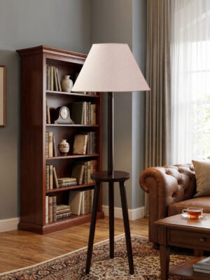 Premium White Jute Shade Floor Lamp with Wooden Shelf Stand for Living Room, Bedroom & Reading Corner | Modern Decorative Standing Lamp | Solid Wood Base | Elegant Home Lighting