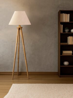 Off-white Cotton Conical Shade Wooden Tripod Floor Lamp for Living Room, Bedroom & Hotel Decor | Modern Standing Lamp with Natural Wood Base, E27 Holder, Ambient Lighting & Premium Home Decor
