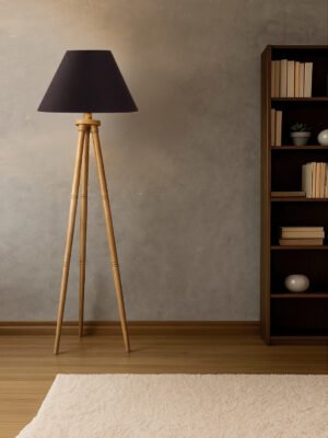 Black Cotton Conical Shade Wooden Tripod Floor Lamp for Living Room, Bedroom & Hotel Decor | Modern Standing Lamp with Natural Wood Base, E27 Holder, Ambient Lighting & Premium Home Decor