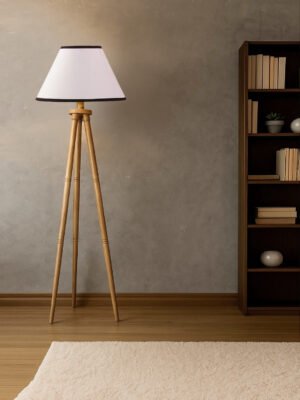 White Cotton Conical Shade Wooden Tripod Floor Lamp for Living Room, Bedroom & Hotel Decor | Modern Standing Lamp with Natural Wood Base, E27 Holder, Ambient Lighting & Premium Home Decor