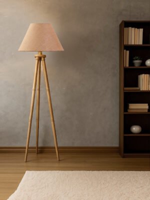Beige Jute Conical Shade Wooden Tripod Floor Lamp for Living Room, Bedroom & Hotel Decor | Modern Standing Lamp with Natural Wood Base, E27 Holder, Ambient Lighting & Premium Home Decor