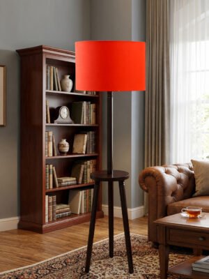 Premium Yellow Cotton Shade Floor Lamp with Wooden Shelf Stand for Living Room, Bedroom & Reading Corner | Modern Decorative Standing Lamp | Solid Wood Base | Elegant Home Lighting