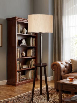 Premium Off-white Cotton Shade Floor Lamp with Wooden Shelf Stand for Living Room, Bedroom & Reading Corner | Modern Decorative Standing Lamp | Solid Wood Base | Elegant Home Lighting