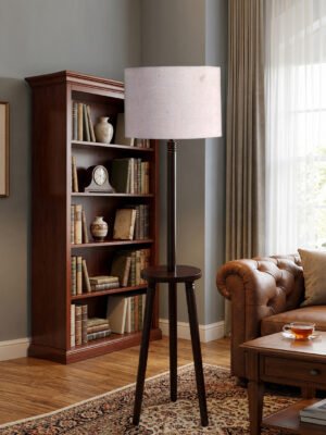 Premium Grey Cotton Shade Floor Lamp with Wooden Shelf Stand for Living Room, Bedroom & Reading Corner | Modern Decorative Standing Lamp | Solid Wood Base | Elegant Home Lighting