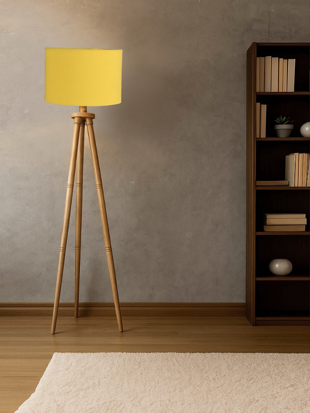 Ambika Home Designer Yellow Wooden Natural Tripod Floor Light for Living Space & Hotels | E27 Holder Included Bulb