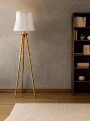 Ambika Home Premium Off-white  Fabric Shade Floor Lamp for Hallway & Guest Room | Wooden Natural Tripod Stand | E27 Holder Included Bulb