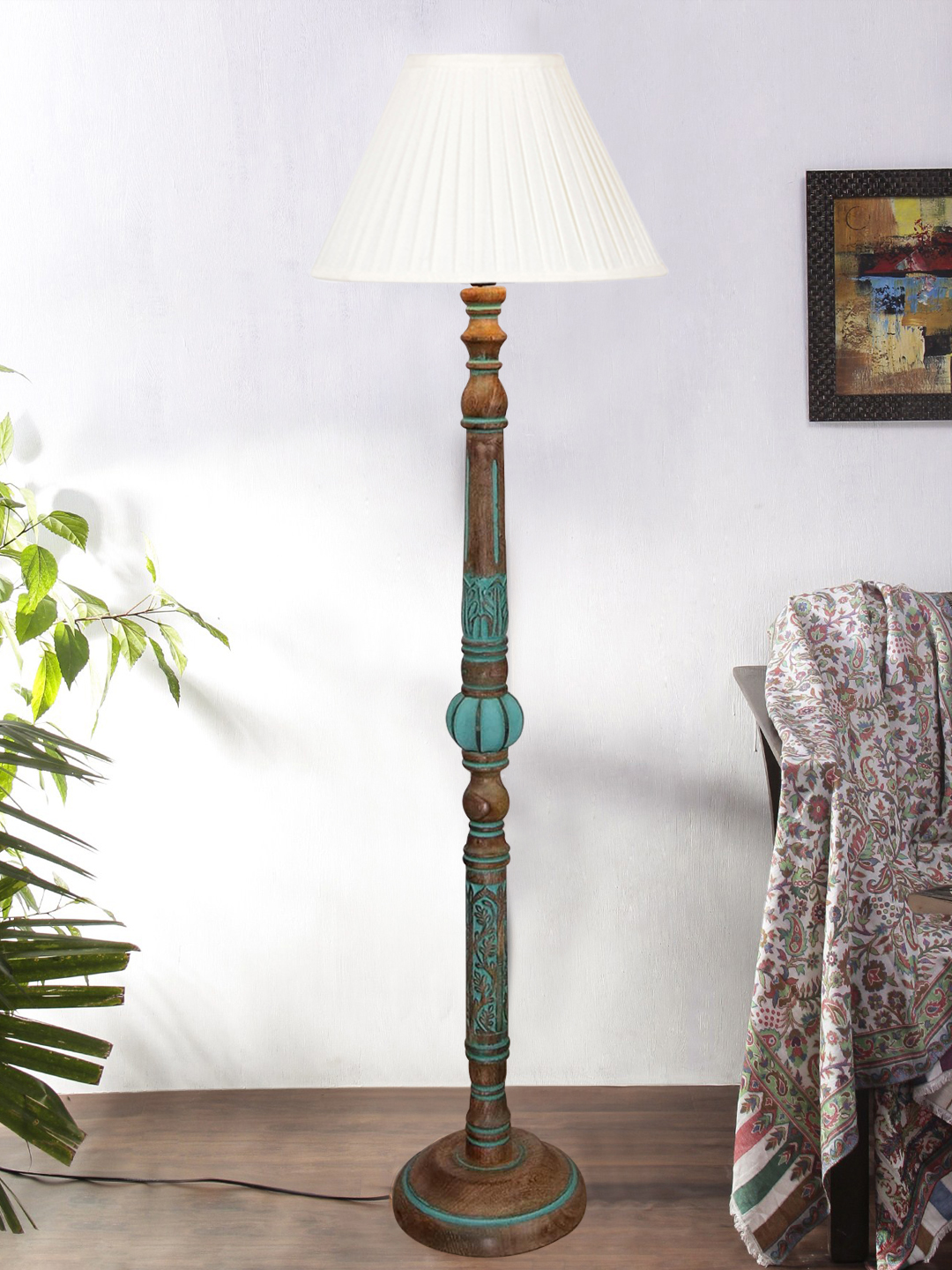 Ambika Home OFF-WHITE Shade Wooden Floor Lamp for Living Room, Bedroom & Hallway | Modern Wood Standing Lamp | B22 Holder | Hotel & Guest Room Decor