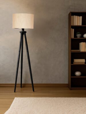 Ambika Home Off-white  Shade Wooden Tripod Floor Lamp for Living Room, Bedroom & Hotel Decor | E27 Holder Included Bulb
