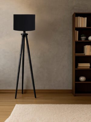 Ambika Home Premium Black Fabric Shade Floor Lamp for Hallway & Guest Room | Wooden Tripod Stand | E27 Holder Included Bulb