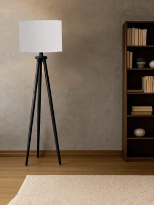 Ambika Home Grey  Shade Wooden Tripod Floor Lamp for Living Room, Bedroom & Hotel Decor | E27 Holder Included Bulb