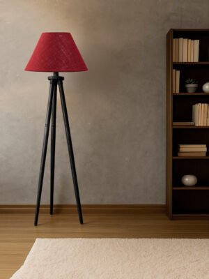 Ambika Home Maroon  Shade Wooden Tripod Floor Lamp for Living Room, Bedroom & Hotel Decor | E27 Holder Included Bulb