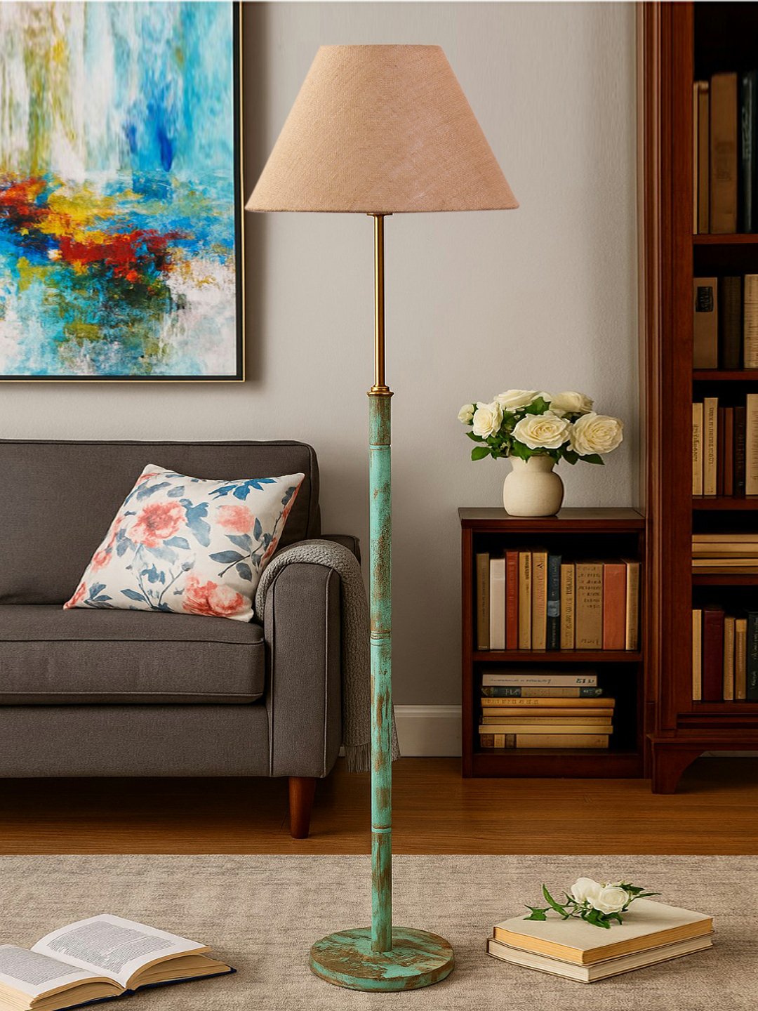 Ambika Home Beige Shade Premium Floor Lamp for Living Room, Bedroom & Hallway | Decorative Standing Light | E27 Holder Included Bulb
