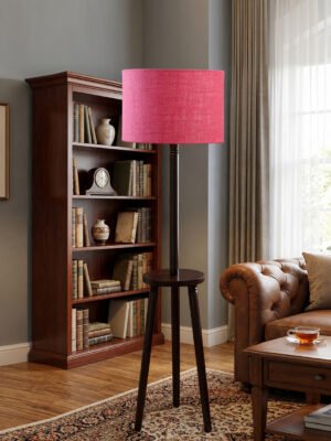 Premium Pink Jute Shade Floor Lamp with Wooden Shelf Stand for Living Room, Bedroom & Reading Corner | Modern Decorative Standing Lamp | Solid Wood Base | Elegant Home Lighting